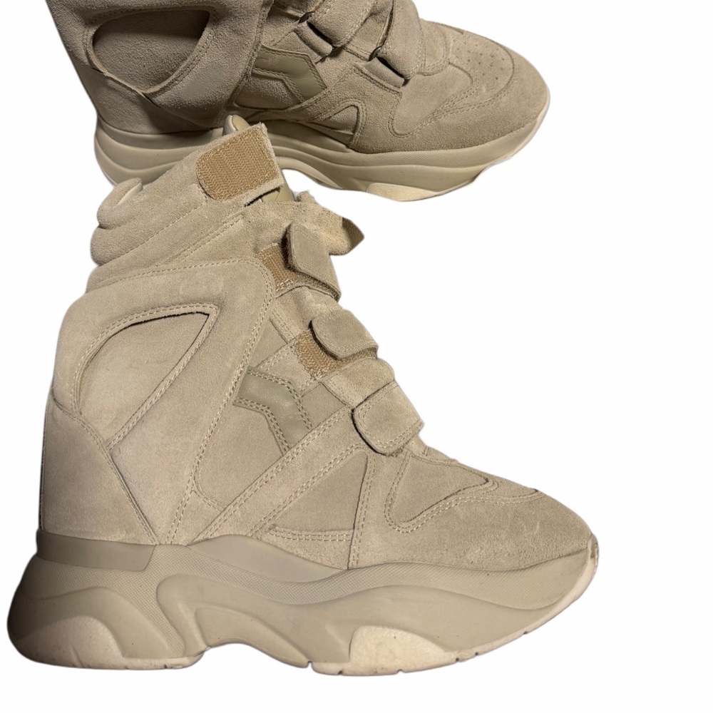 Isabel Marant Neutral Beige Suede High-Top Wedge Sneakers with Velcro Straps - Picture 5 of 6